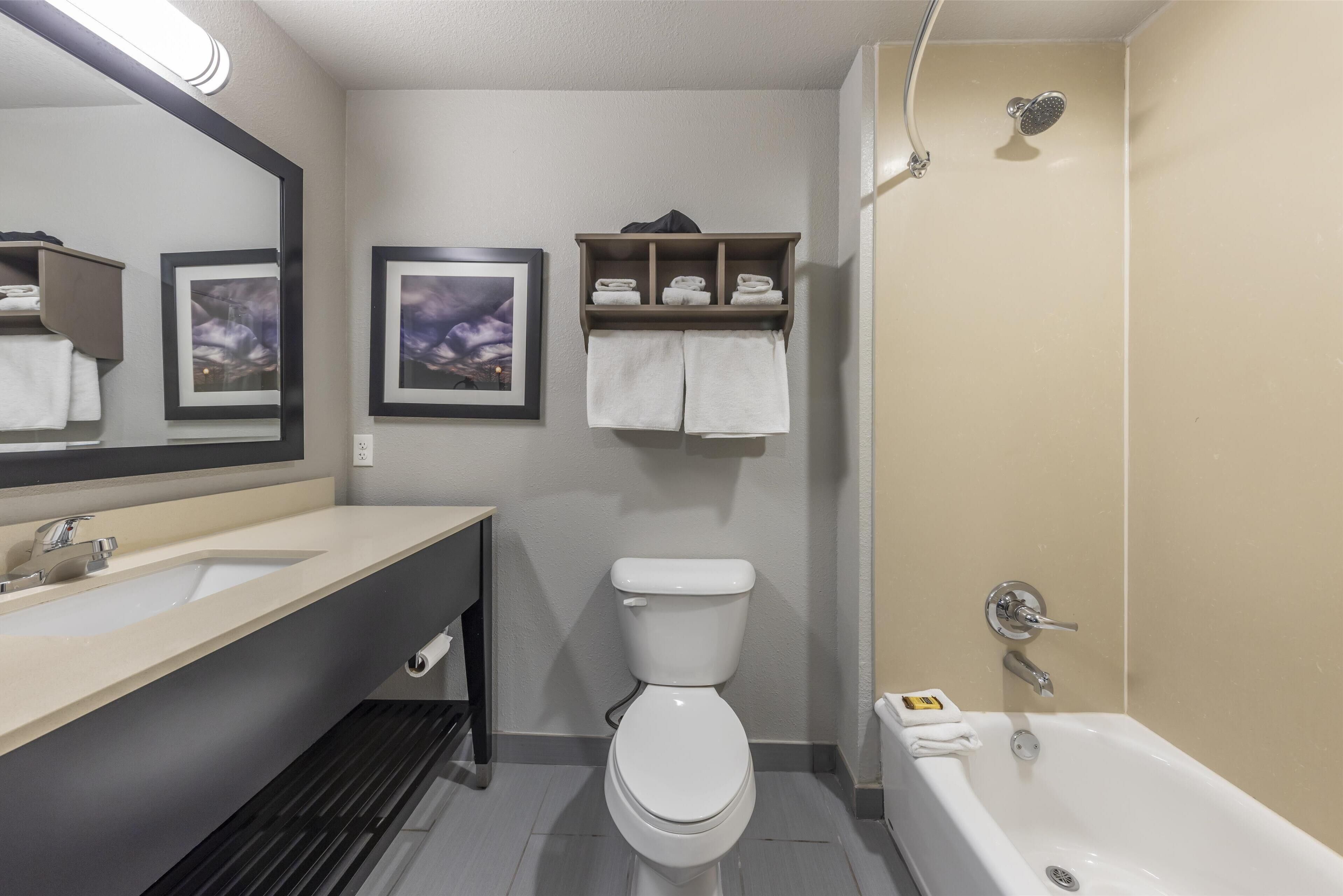 Une salle de bain moderne avec un lavabo, des toilettes et une baignoire. On y trouve des étagères avec des serviettes et un tableau encadré au mur.