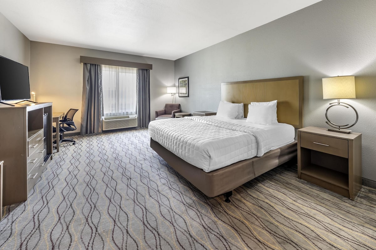 A hotel room with a large bed, a desk with a chair, a TV, and a window with curtains.