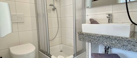 A modern bathroom with a glass-enclosed shower, a white toilet, a granite countertop sink, and a mirror above the sink.
