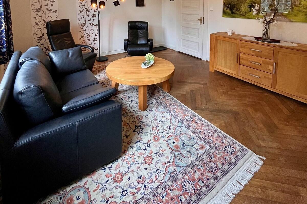 Uma sala de estar moderna com um sofá de couro preto, uma mesa de centro de madeira, um tapete estampado, uma poltrona de couro preto, um armário de madeira e um lustre.