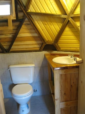 A small, rustic bathroom with a wooden ceiling, a white toilet, and a wooden vanity with a sink.