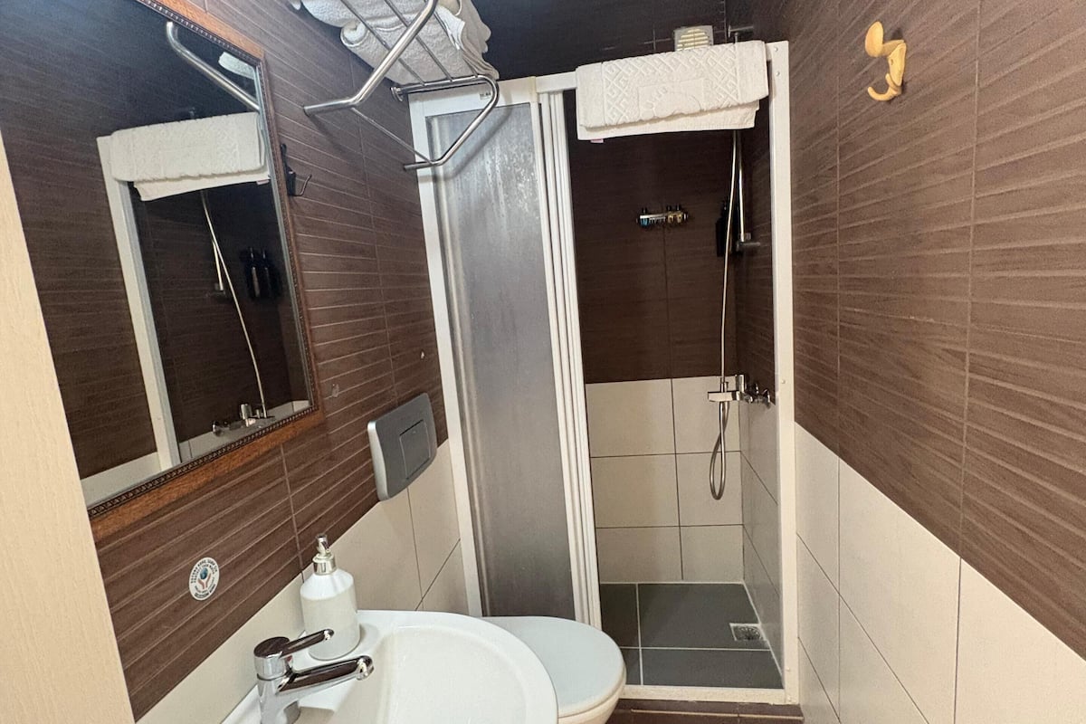 Un baño con lavabo, espejo e inodoro con ducha.
