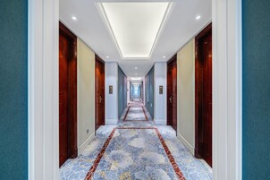 Un pasillo de hotel con alfombra estampada, puertas de madera y una lámpara en el techo.