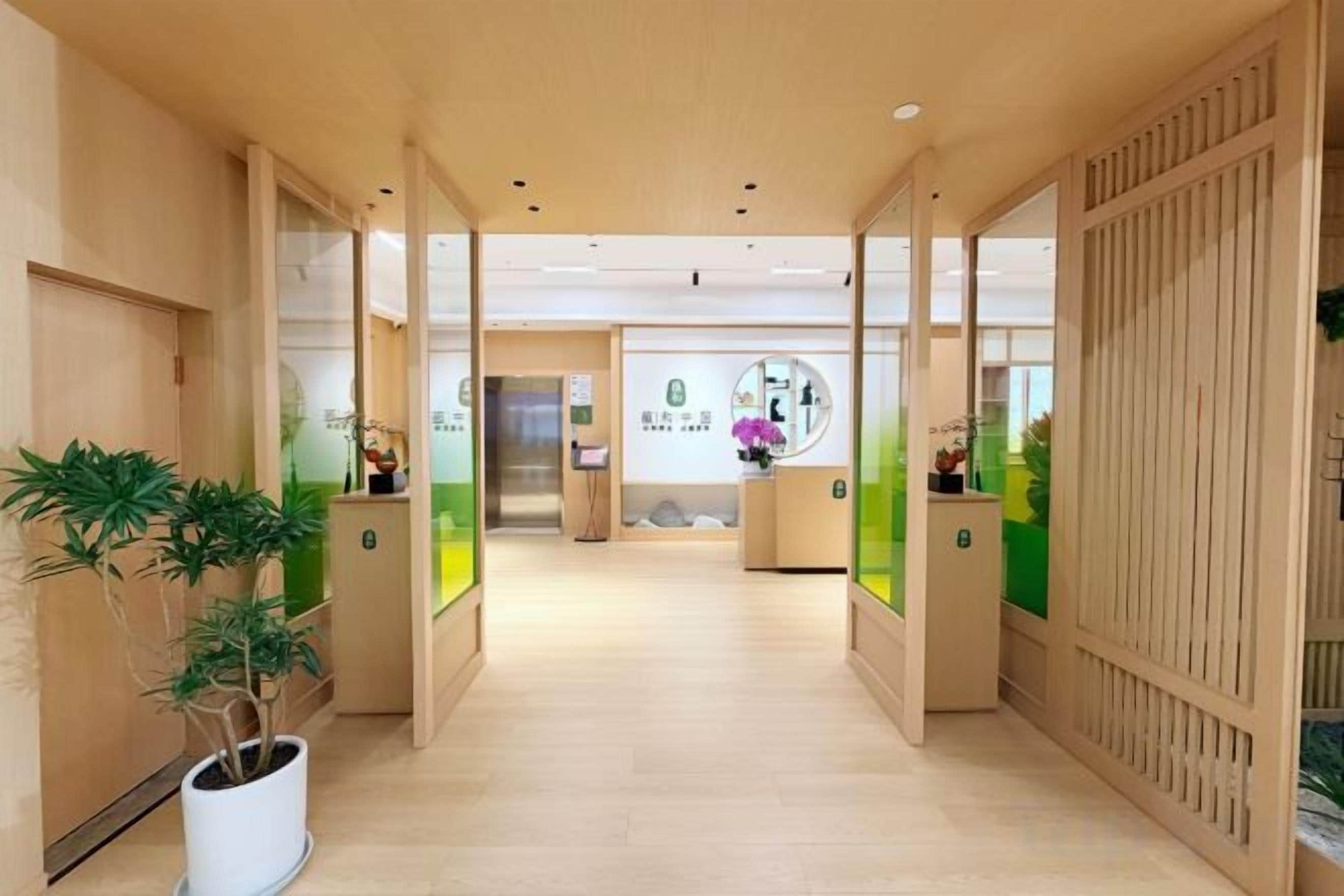 A hallway with a reception desk, potted plants, and a view into the reception area.
