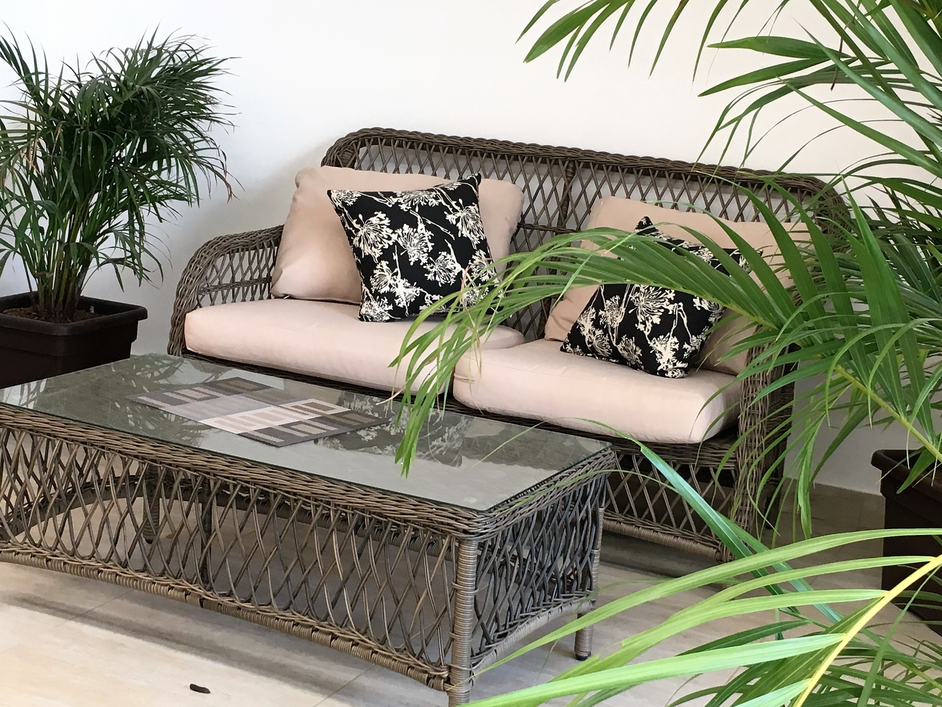 Un sofá de mimbre con cojines color beige y almohadones florales negros, una mesa de centro de cristal y plantas verdes.