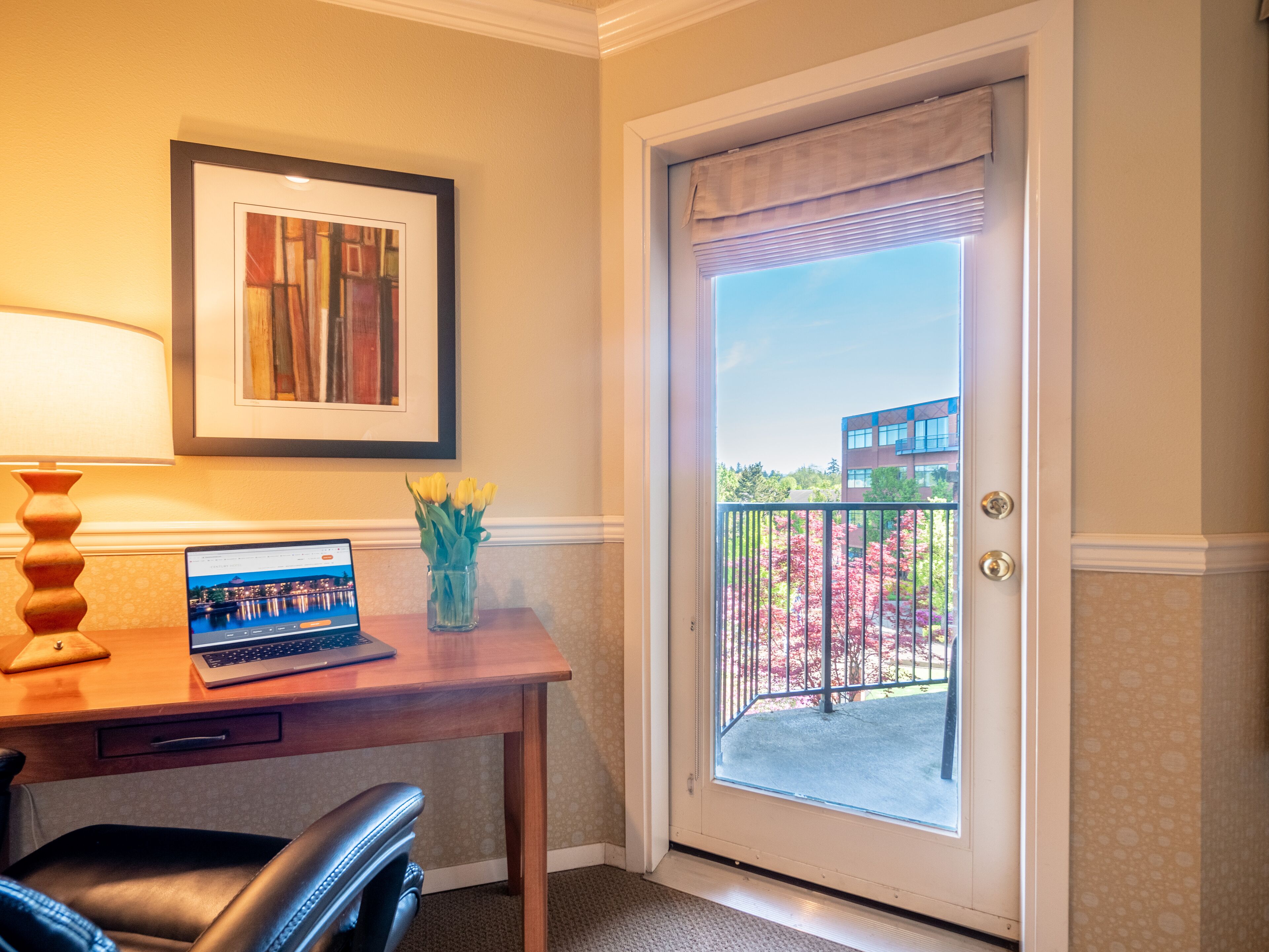 premium bedding, desk, laptop workspace, iron/ironing board