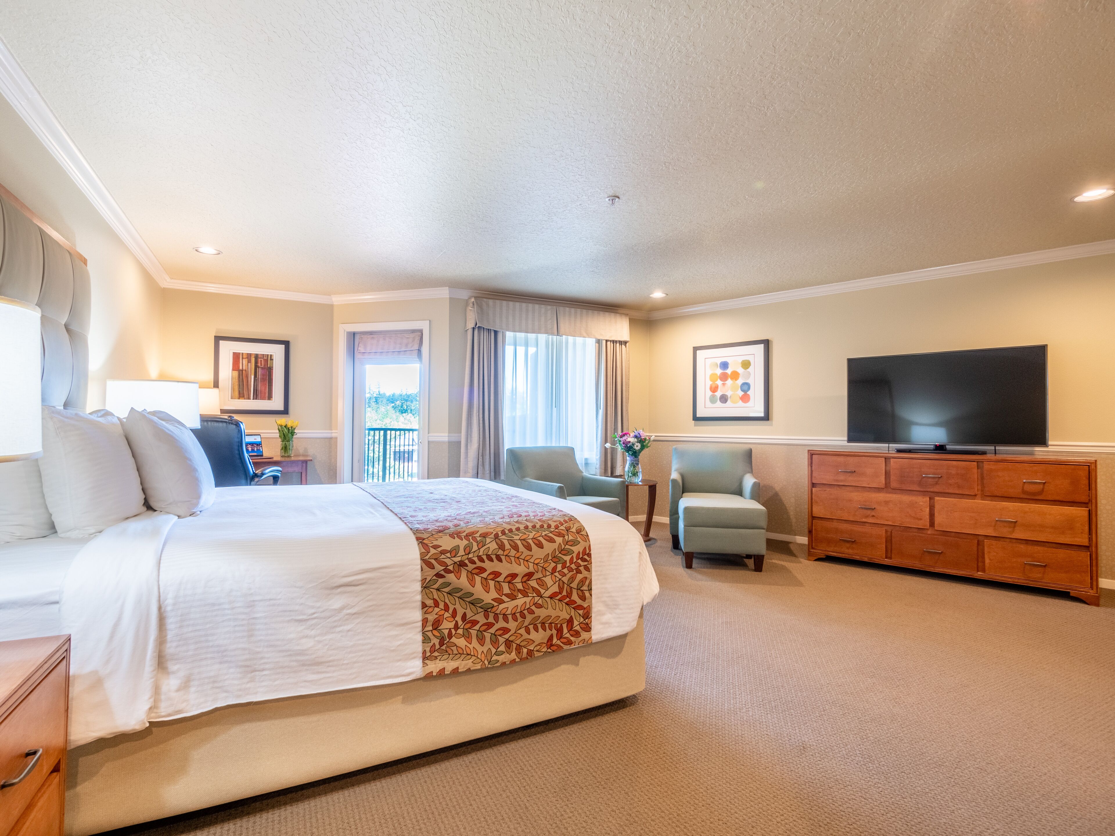 premium bedding, desk, laptop workspace, iron/ironing board