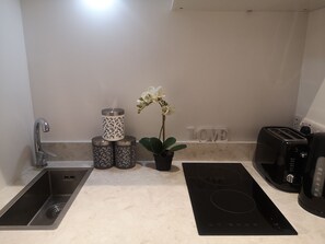 Una cocina con un lavamanos, dos recipientes decorativos, una orquídea en maceta, un tostador y una cocina de inducción negra.