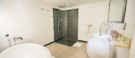 A modern bathroom with a large bathtub, two sinks, a glass shower enclosure, and a mirror above the sink.