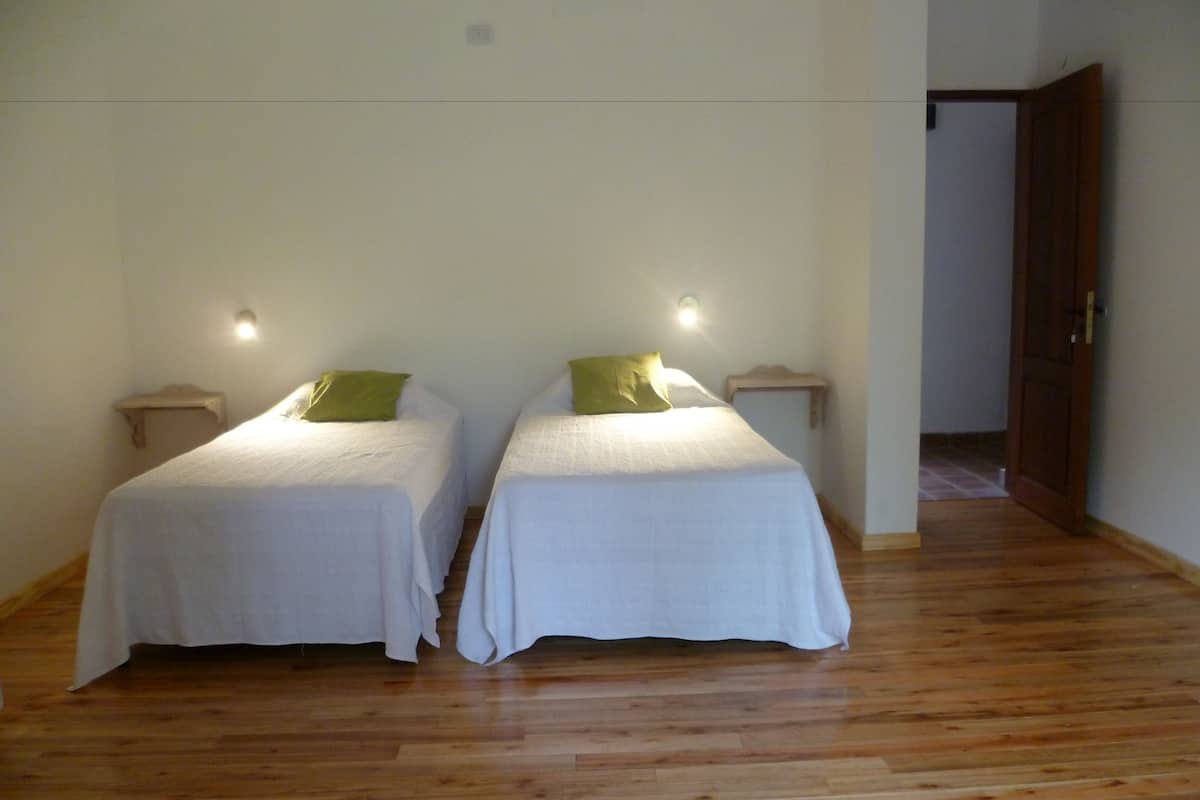 Two single beds with white linens and green pillows, wooden flooring, and bedside tables with wall-mounted lamps.