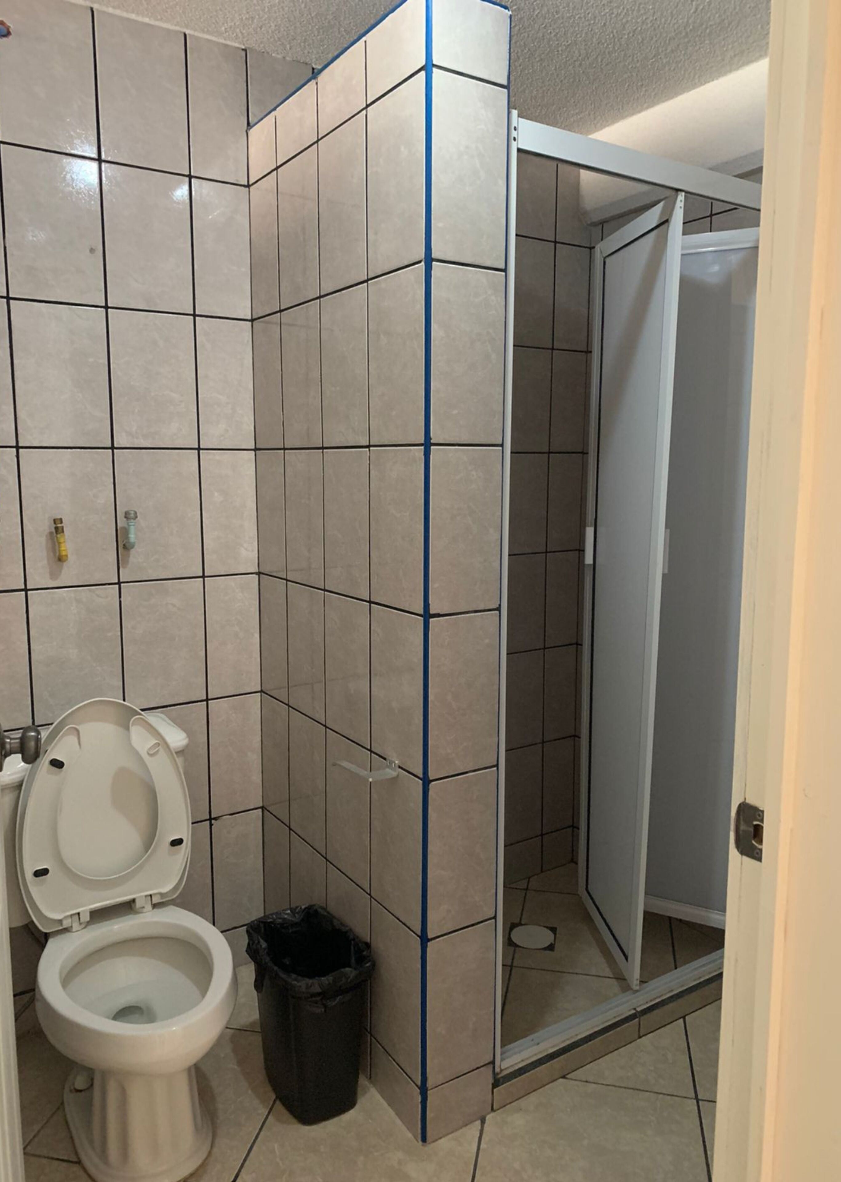 Un baño con inodoro, un cesto de basura y zona de ducha.