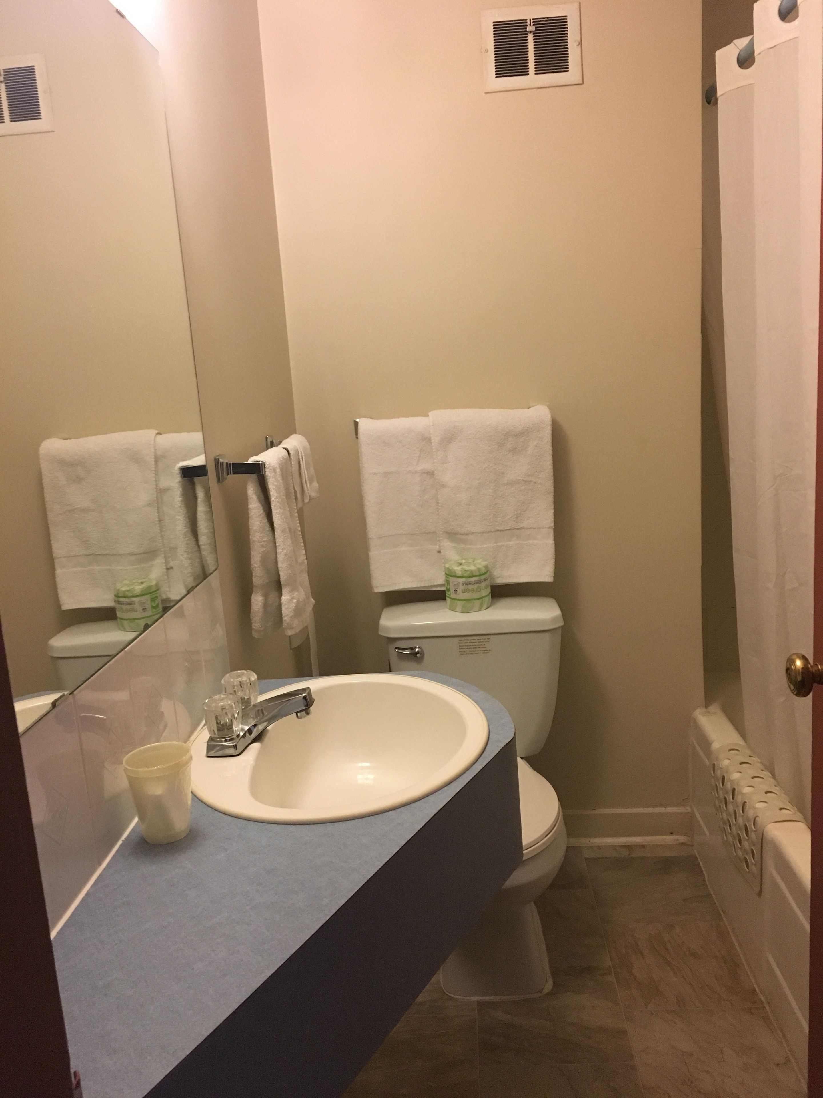 Baño con lavamanos blanco, espejo e inodoro. Hay dos toallas colgadas en la pared y se ve una cortina de ducha.