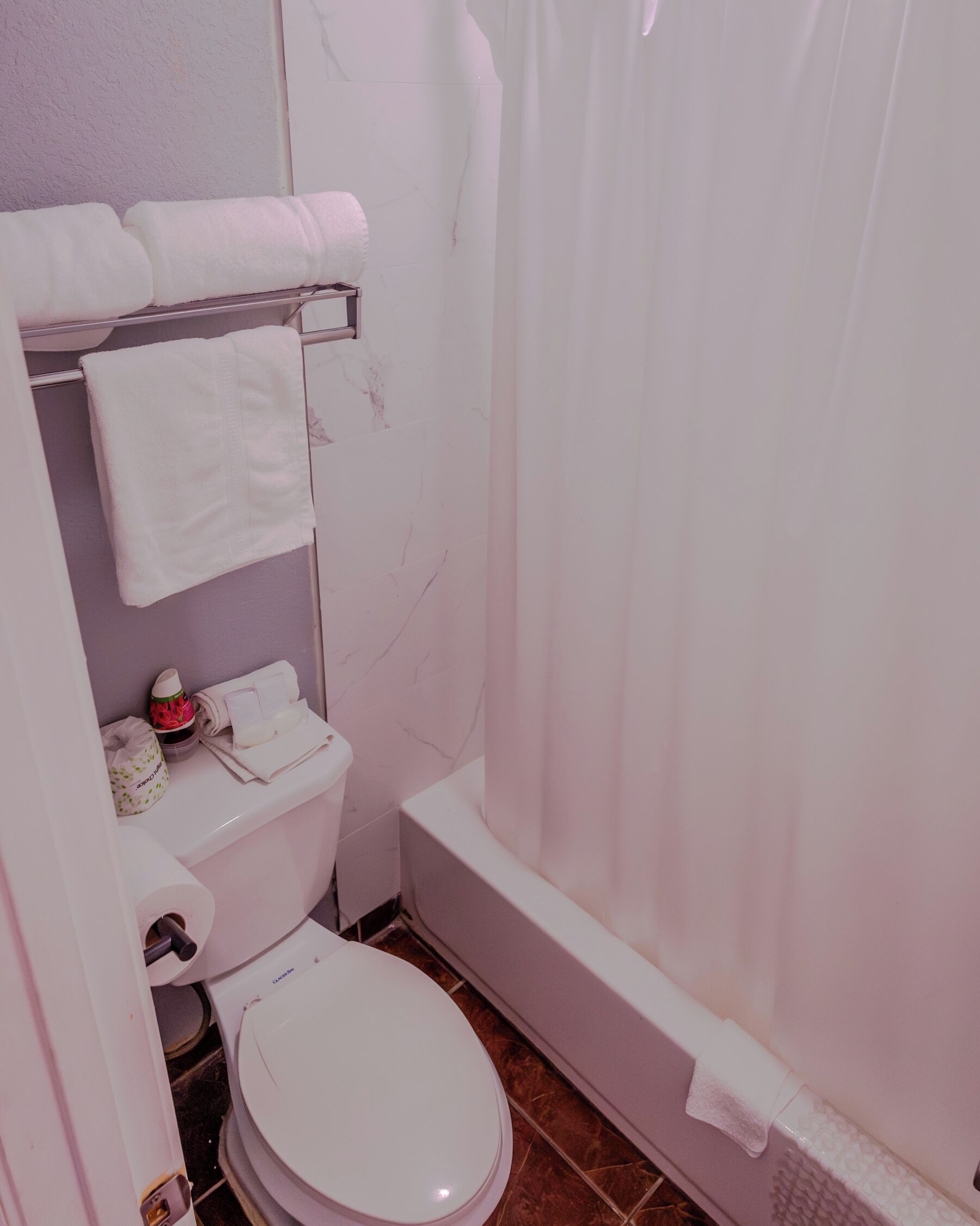 A small bathroom with a toilet, a shower curtain, and a towel rack with towels.