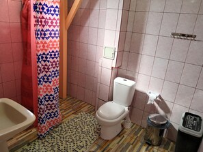 Shower, rainfall showerhead, towels, soap