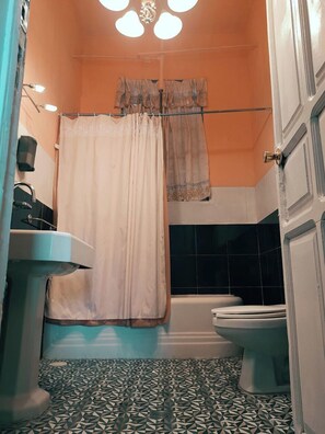 Combined shower/bathtub, deep-soaking bathtub, towels, soap