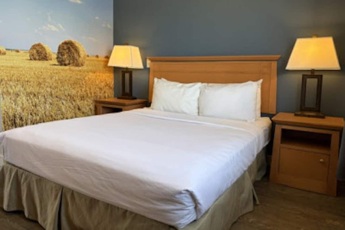 A bedroom with a bed, two bedside tables with lamps, a wooden headboard, and a mural of a field on the wall.