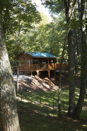 Une cabane en bois, surmontée d’un toit en métal, entourée d’arbres.