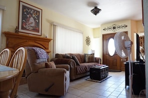 Smart TV, fireplace, DVD player, books