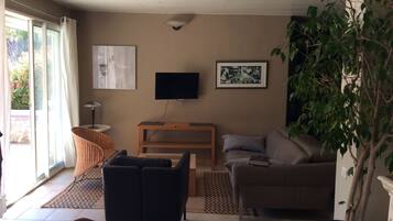 Télévision, lecteur de DVD, table de tennis de table, livres