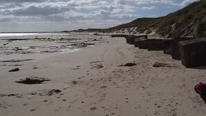 A beach with a sandy shore, a rocky outcrop, and a grassy hill in the background. - CROSS HOUSE STUDIO Dog Friendly Stone Barn Conversion in the Heart of Warkworth (Warkworth)