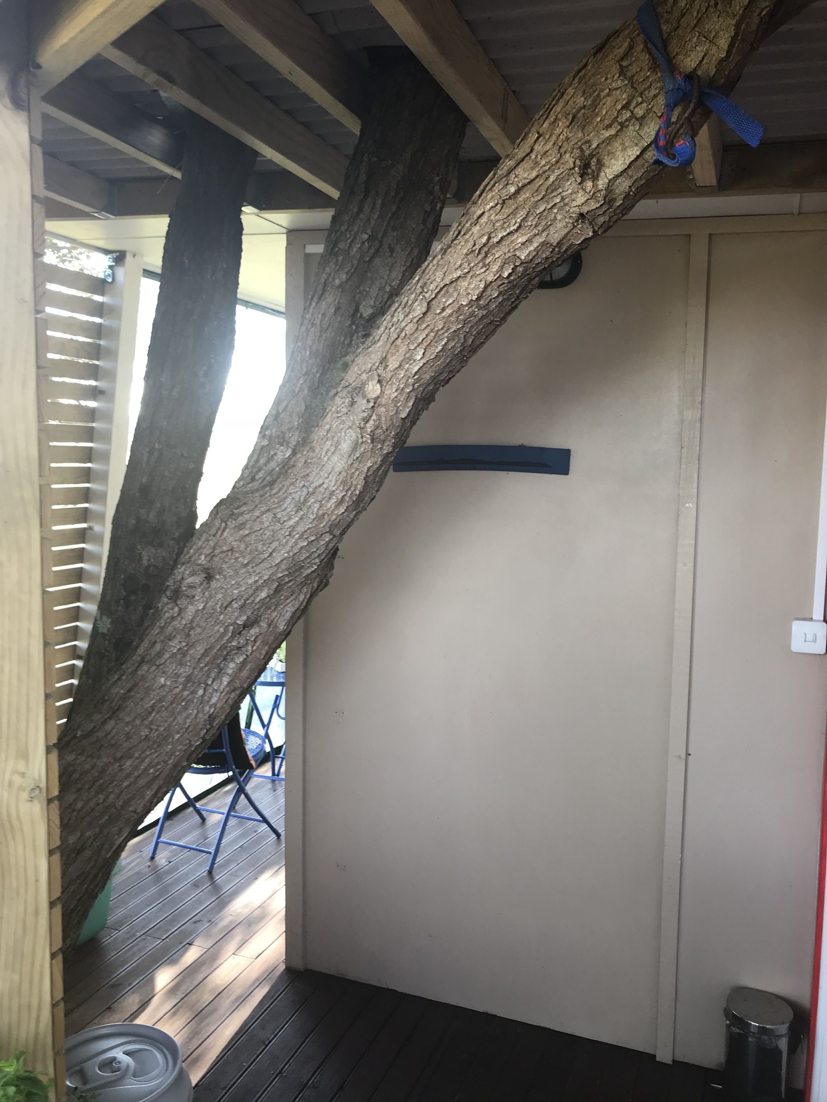 Una habitación con techo inclinado sostenido por grandes vigas de madera, una puerta blanca y un pequeño contenedor de basura.