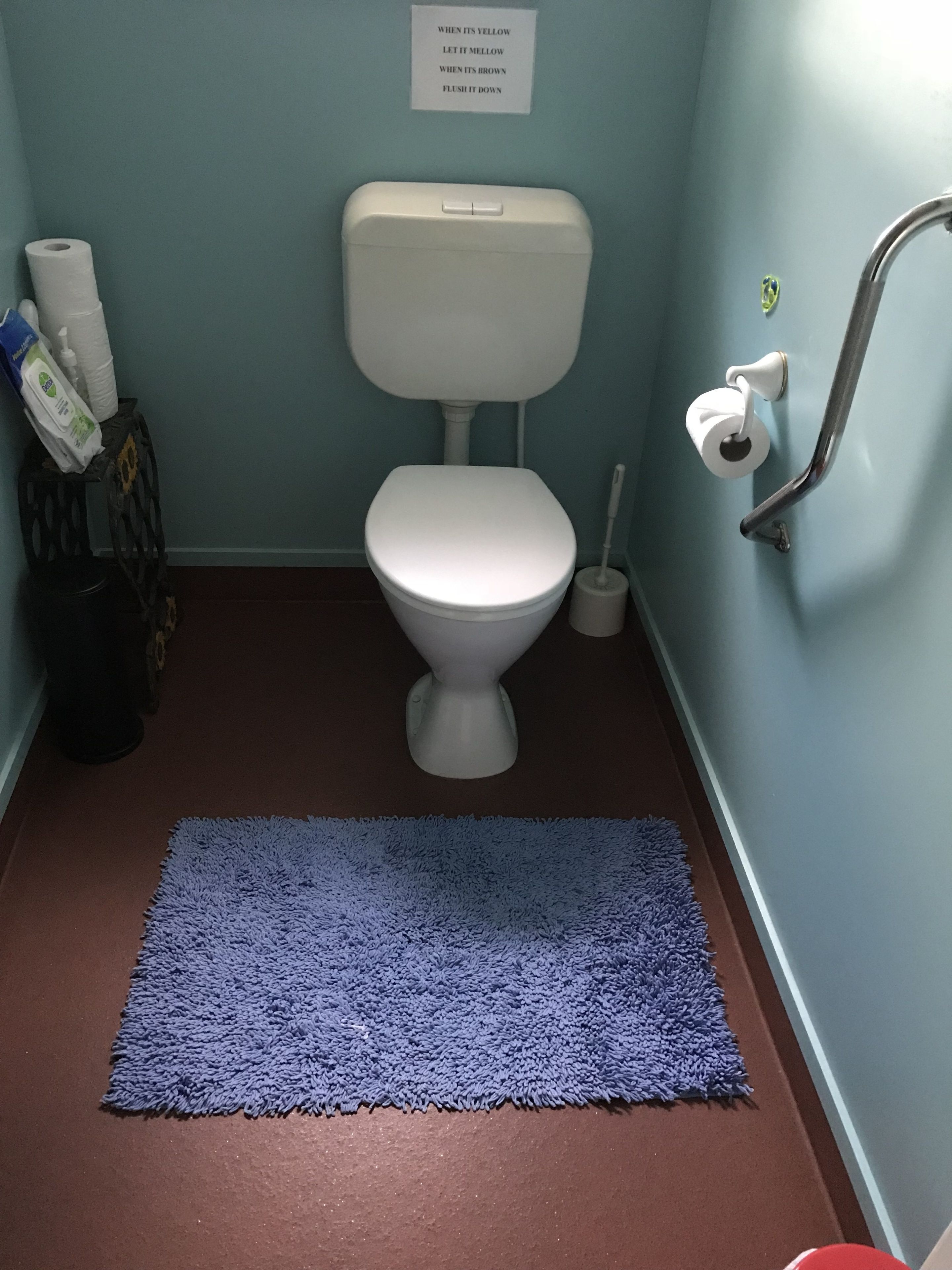 Et badeværelse med toilet, blå måtte, toiletpapirholder og et skilt på væggen.