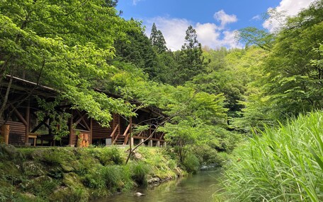 A rustic wooden cabin with a clear stream flowing through a lush forest.