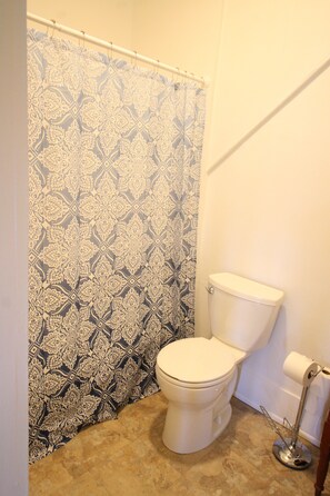 Combined shower/tub, hair dryer, towels, soap