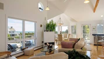 TV connectée, cheminée, livres, chaßne hi-fi