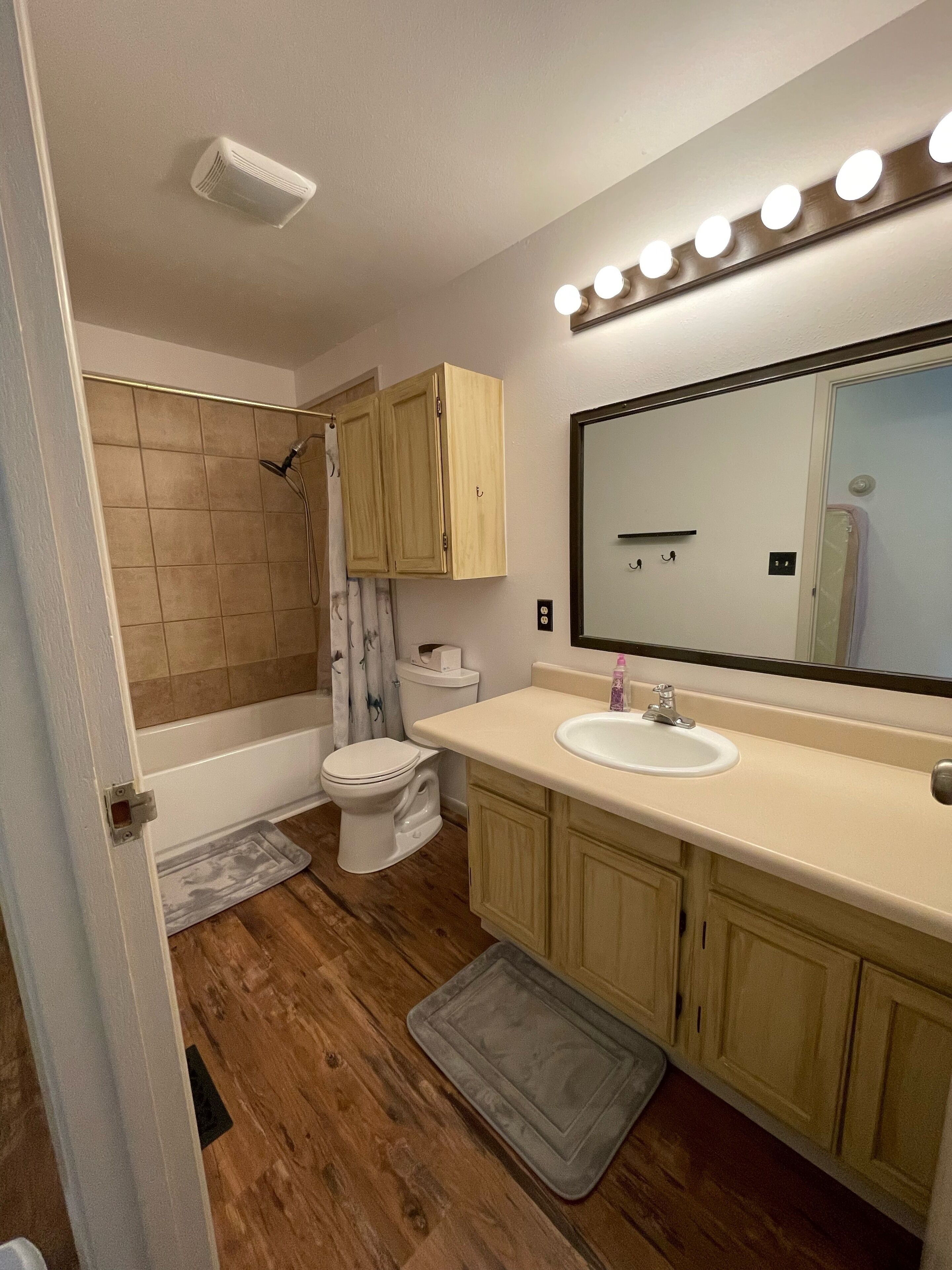 Bathtub, towels, soap, toilet paper