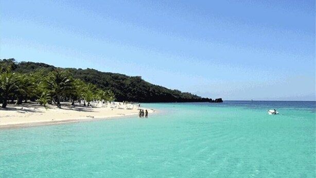Ein Strand mit klarem türkisblauem Wasser, weißem Sand und Palmen.