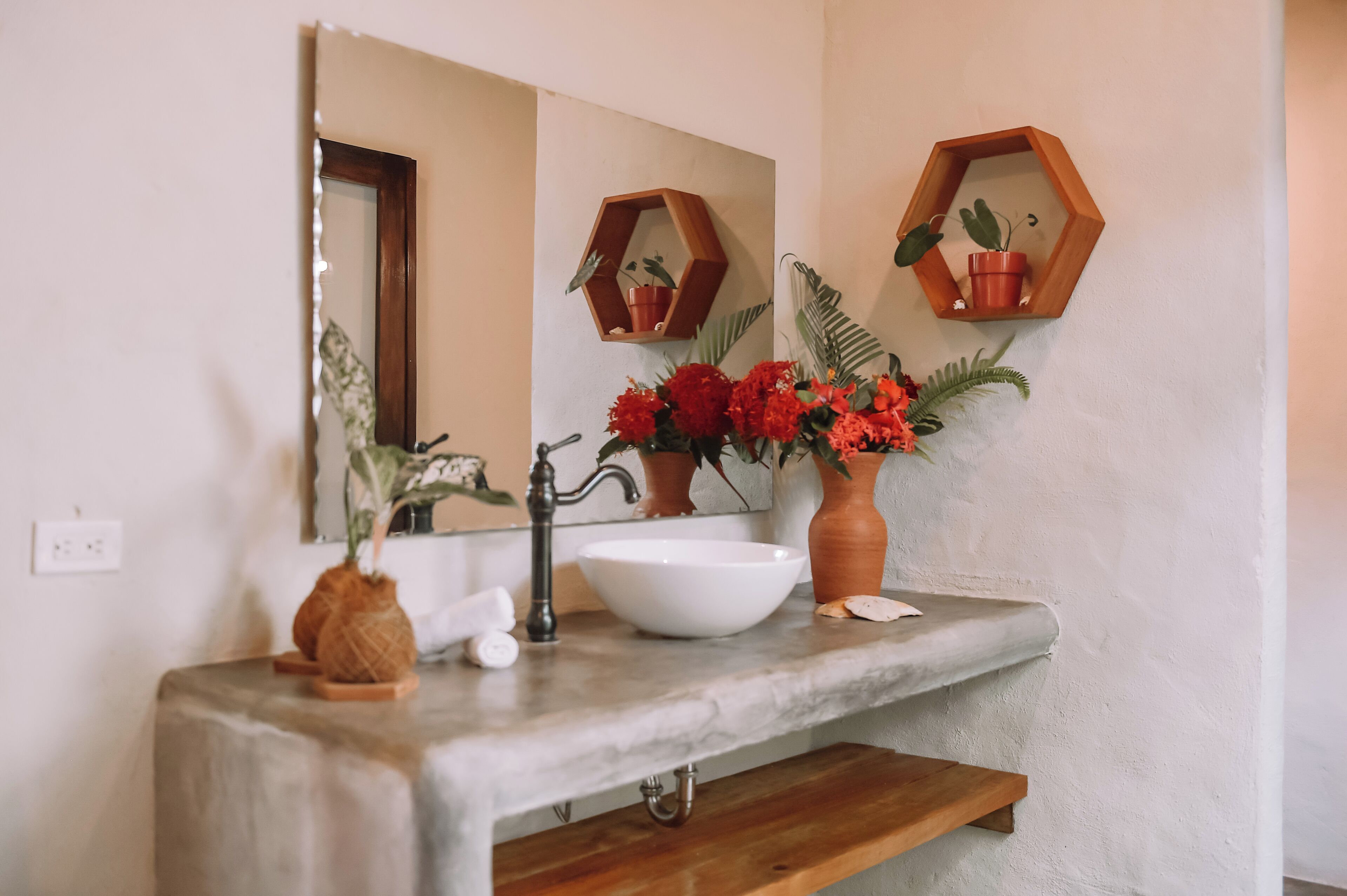 A bathroom with a white sink, a mirror, and two hexagonal wooden shelves with potted plants.
