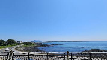 A coastal road with a metal railing, vehicles, and a clear blue sky.