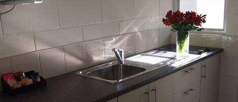 A kitchen with a stainless steel sink, a white refrigerator, and a window with a view of greenery.