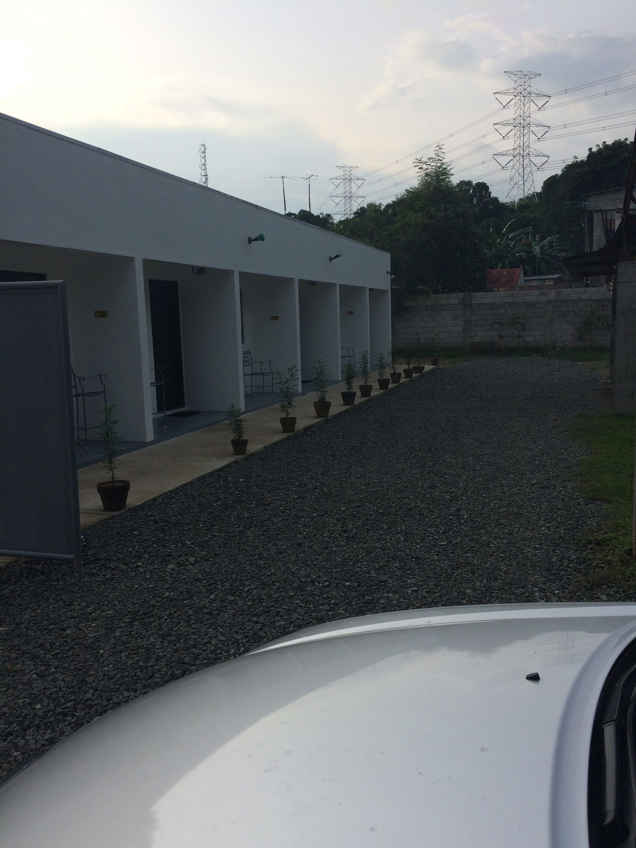 A building with a row of potted plants and a gravel pathway leading to a door.