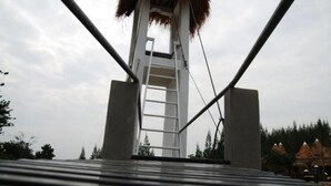 A bridge with a thatched roof structure, metal railings, and a ladder leading to a higher platform. - Ban Rai Pornsawan (Suan Phueng)