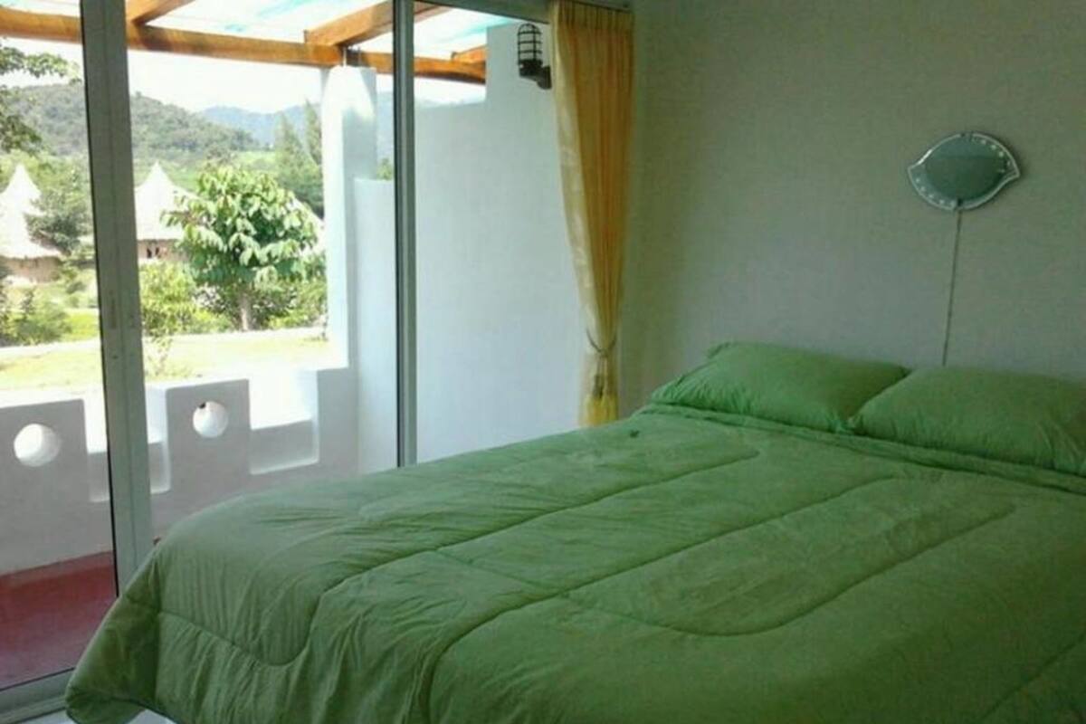 A room with a bed, a window, and a view of greenery outside.