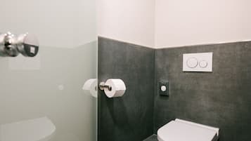 A modern bathroom with a glass shower enclosure, a toilet, and a wall-mounted flush handle.