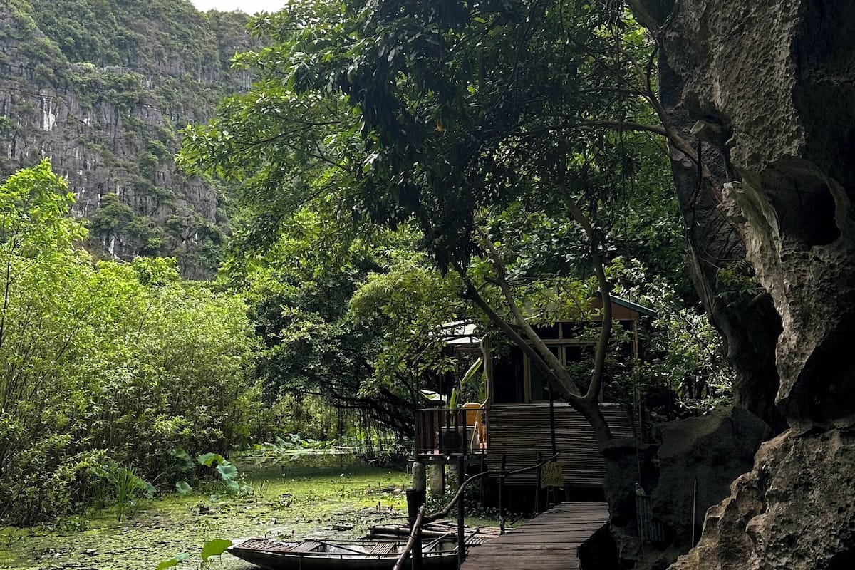 A wooden pathway leading to a structure surrounded by lush greenery and a rocky cliff.