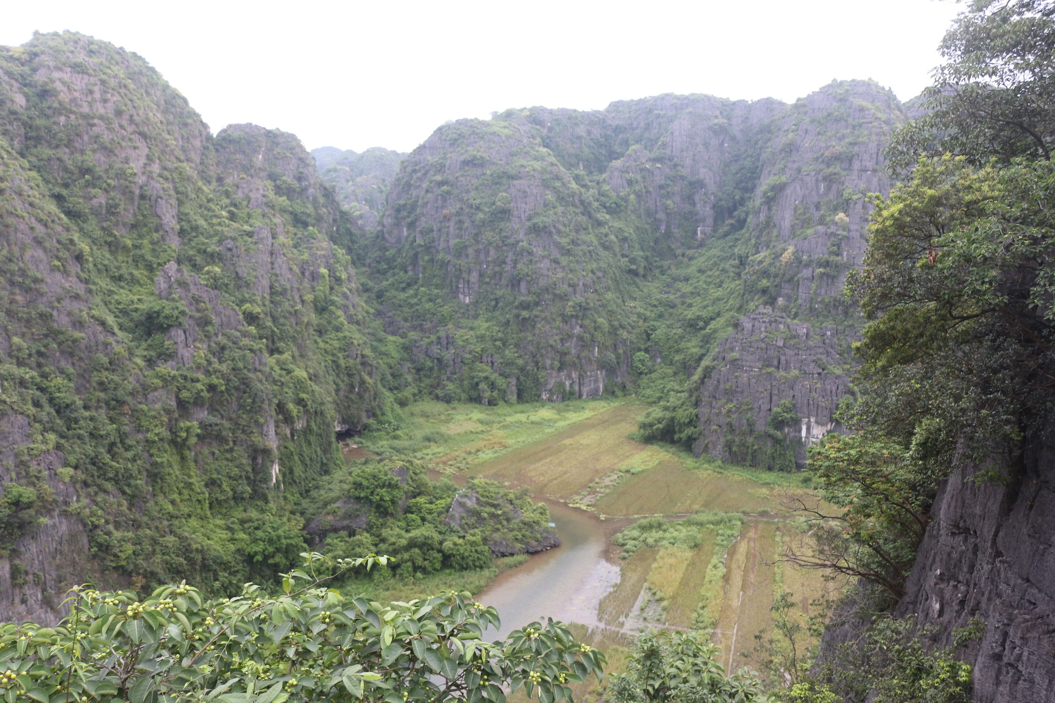Une rivière qui traverse une vallée bordée d’escarpements abrupts.