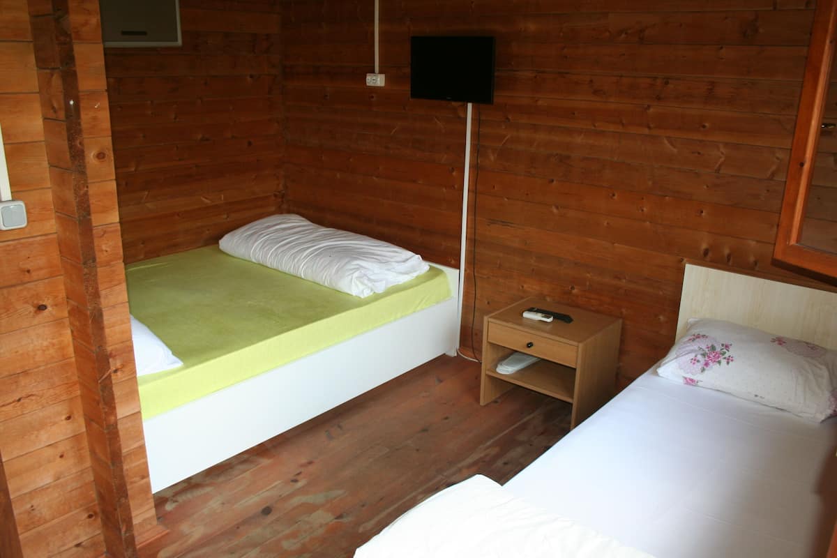 A small, wooden cabin room with two beds, one with a green mattress and the other with a white mattress. There is a small wooden nightstand with a remote control and a shelf below it.