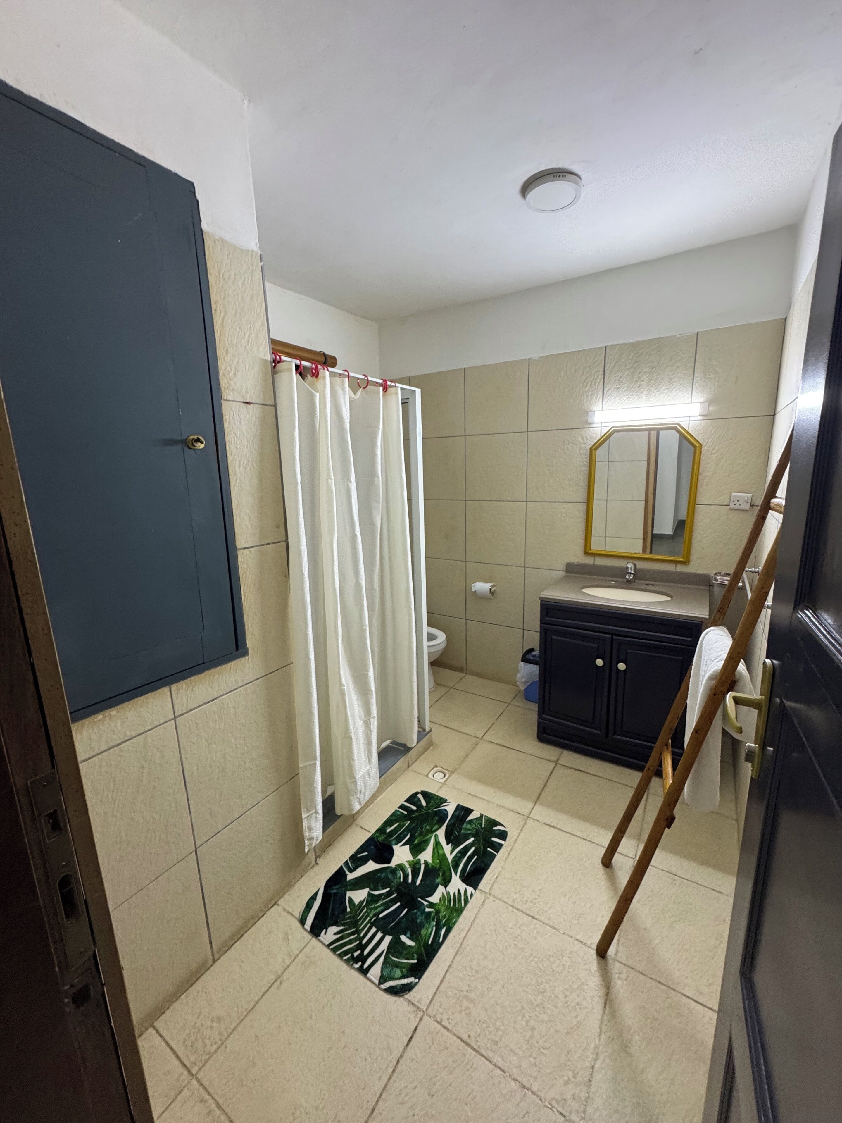 A bathroom with a shower curtain, toilet, sink, mirror, and a door.