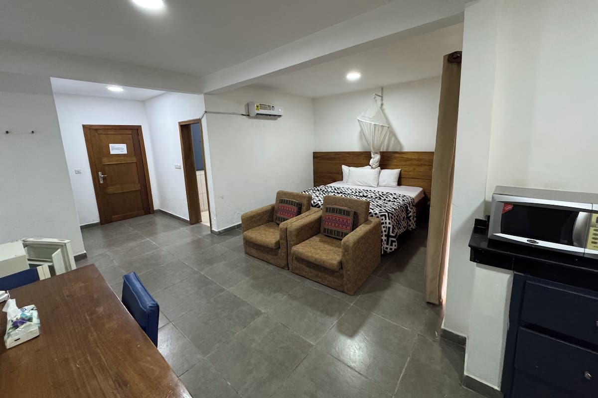 A hotel room with a bed, a sofa, a TV, and an air conditioning unit.