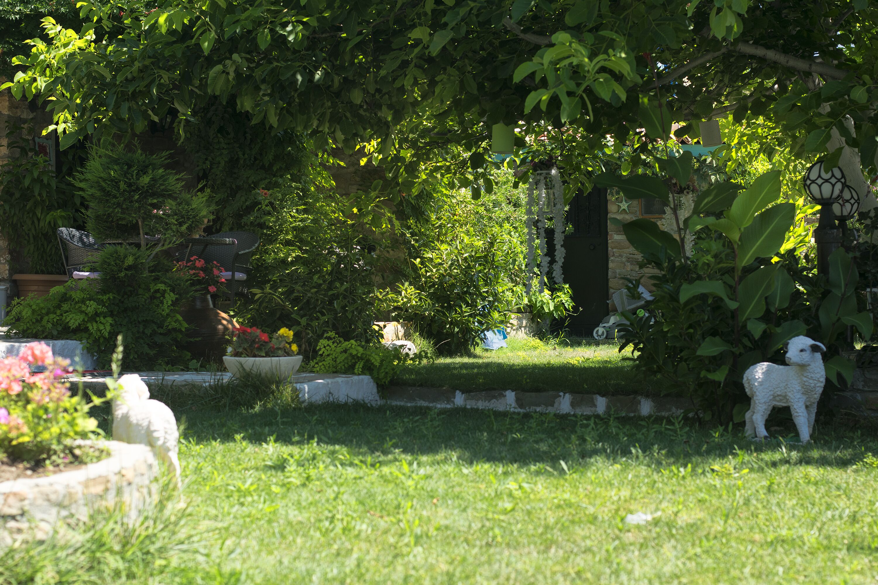 A garden with a lawn, a small white lamb statue, and various plants and trees.