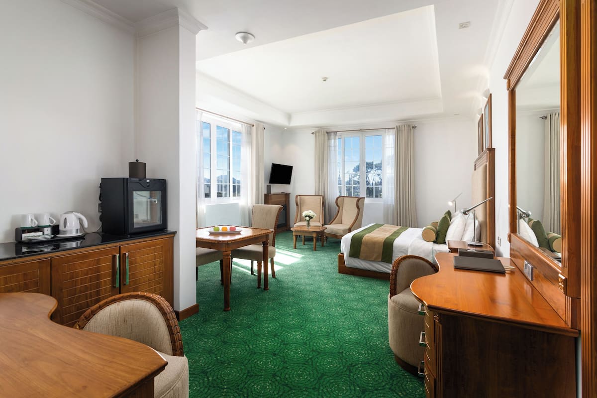 Une chambre d’hôtel avec une moquette verte, des meubles en bois, une télévision, un lit, un bureau et un grand miroir.