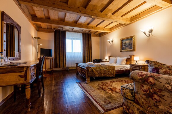 Individually decorated, individually furnished, desk, iron/ironing board