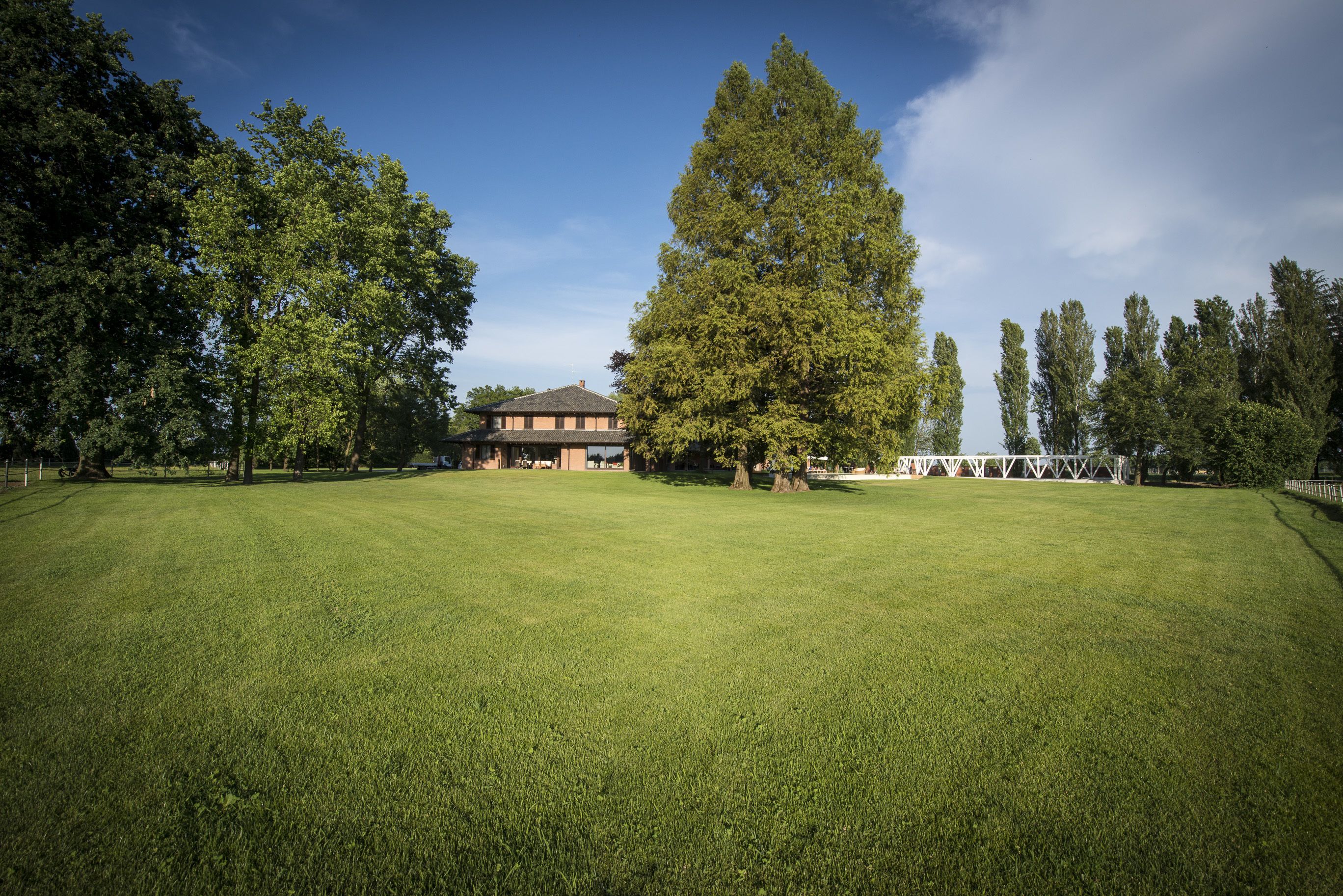 A large, open grassy area with a building in the background.