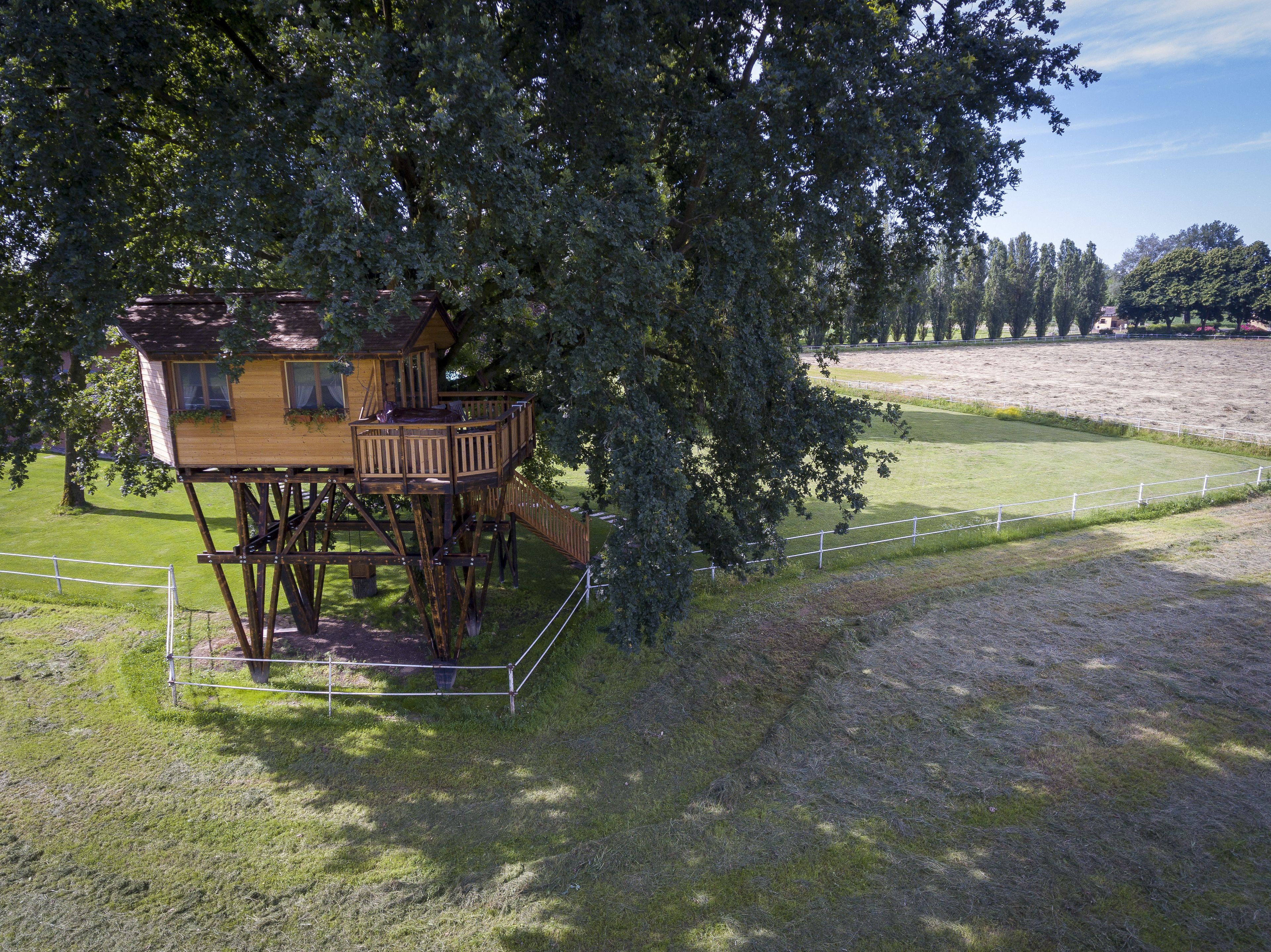 Una casetta sugli alberi in legno con veranda e scale, immersa nel verde.