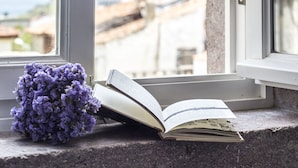 Una ventana con cortinas de encaje, un libro y un ramillete de flores moradas sobre un alféizar de piedra.