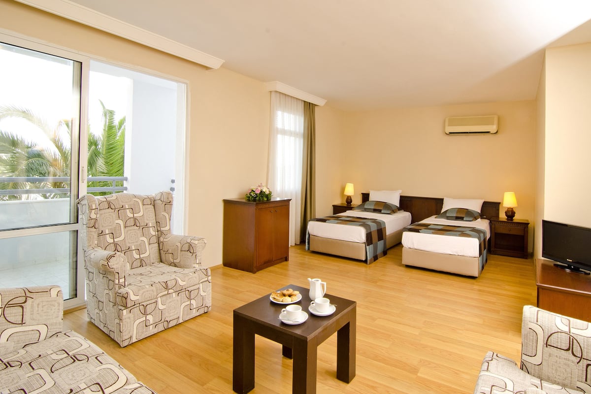 Habitación de hotel con dos camas, un televisor, una mesita con jarrón y vasos, y una silla.